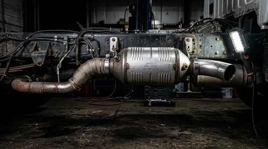 DPF diesel particulate filter canister mounted in the exhaust system of a diesel truck