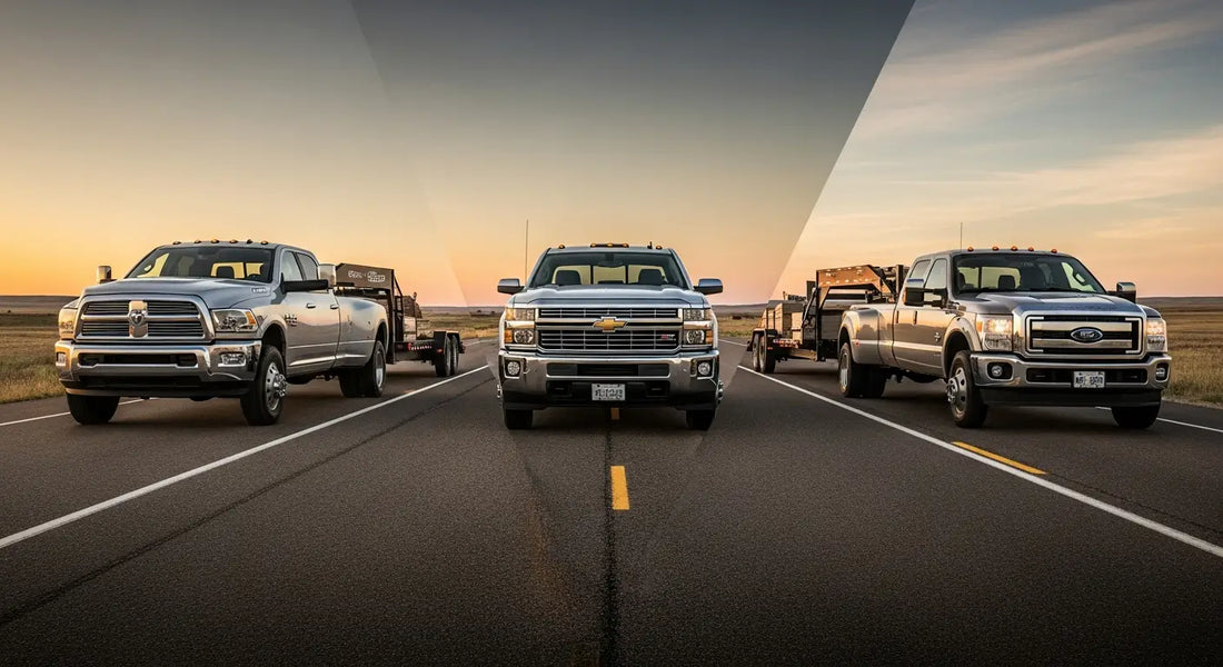 Three heavy-duty diesel truck engines displayed side-by-side highlighting Duramax, Cummins, and Power Stroke turbocharged components.