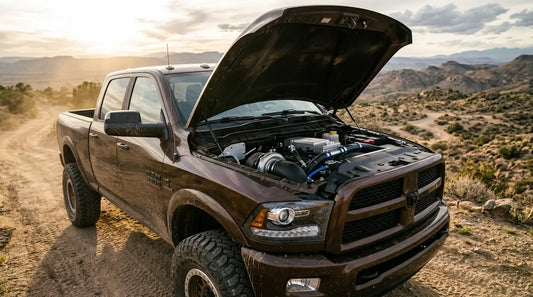 6.7 Cummins EGR delete kit installed on Ram 2500 off-road truck showing block-off plates on intake manifold