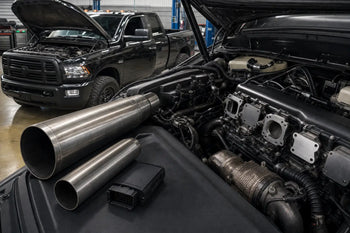 6.7 Cummins EGR and DPF delete kit components including block-off plates, 4-inch delete pipe, and EZ Lynk tuner for Ram 2500/3500