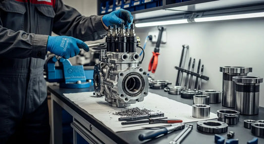 Close-up view of 6.7 Cummins CP4 fuel injection pump showing internal damage and wear components.