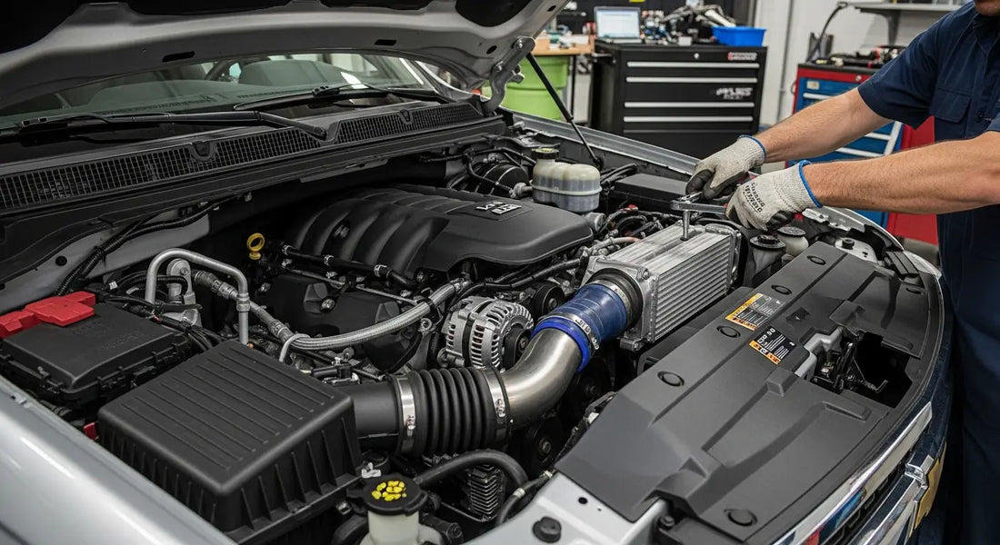 LML Duramax diesel engine with EGR cooler assembly exposed during maintenance repair procedure