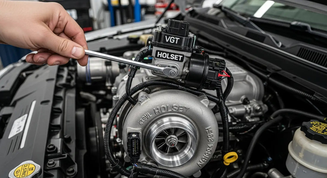 Mechanic inspecting L5P Duramax turbo VGT actuator for sticking issues during diesel engine repair