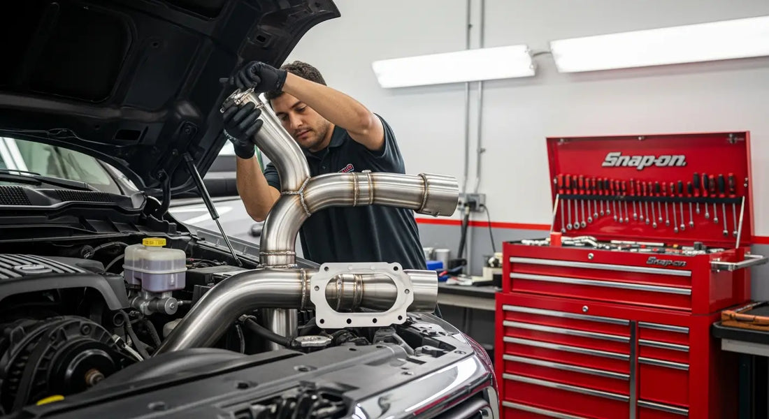 2018 Ram 2500 6.7L Cummins undergoing full diesel delete installation in a professional shop — EGR delete kit and 4-inch DPF delete pipe visible, part of a $1,800–$3,500 full delete bundle build