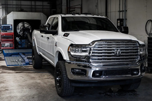 Ram 2500 6.7 Cummins on a chassis dyno showing HP gains after a full DPF and EGR delete