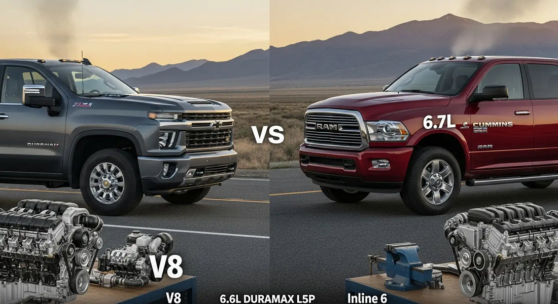 Modern diesel truck engine bay showing Duramax and Cummins turbocharged engines side by side comparison