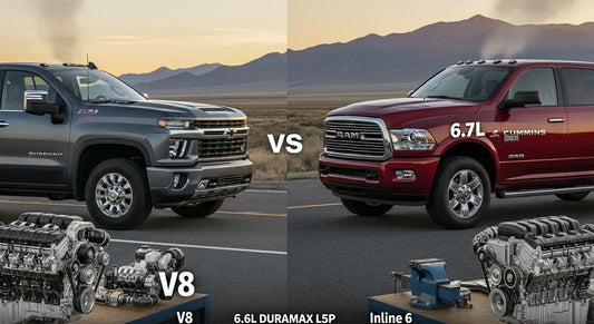 Modern diesel truck engine bay showing Duramax and Cummins turbocharged engines side by side comparison
