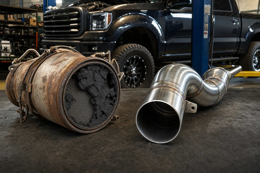 Clogged OEM DPF canister compared to a 4-inch stainless DPF delete pipe on a diesel performance shop workbench