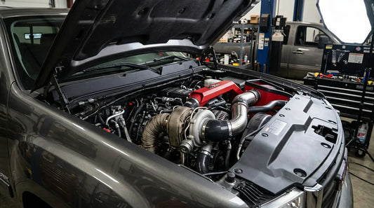 2011-2016 LML Duramax engine bay showing EGR system components targeted for off-road delete kit installation