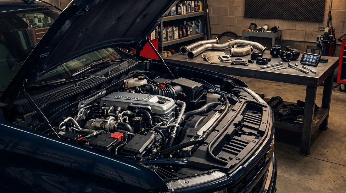 2023-2024 Chevrolet Silverado 1500 with LZO 3.0L Duramax engine bay open in a diesel performance shop