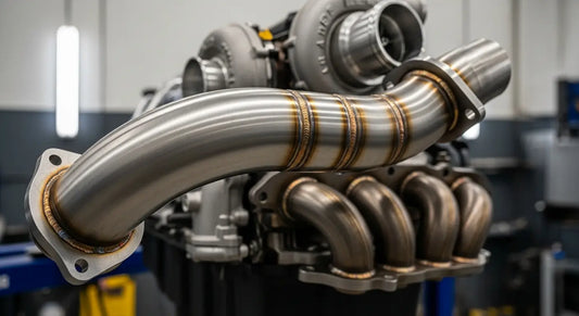 Modified diesel truck engine bay showing upgraded passenger side up-pipe turbo component installation detail.