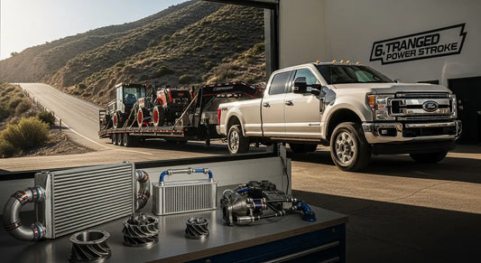 Modified Ford Power Stroke 6.7 diesel truck with upgraded turbo and intercooler components visible under hood.