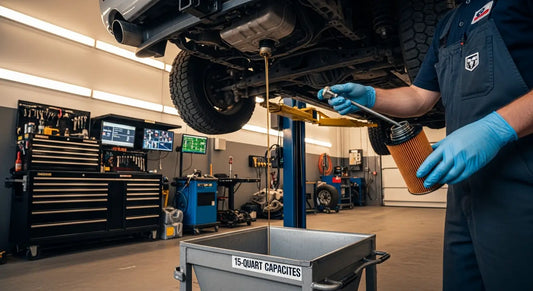 Professional mechanic performing routine oil change maintenance on a diesel truck engine.
