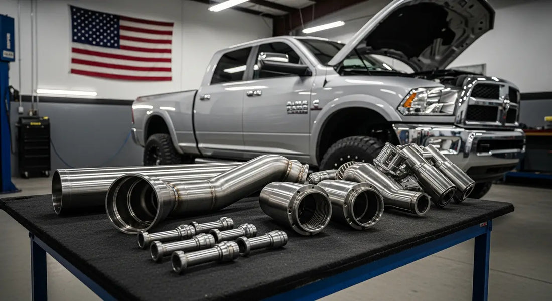 Modified 6.7 Cummins diesel engine with deleted emissions components installed in truck bay.