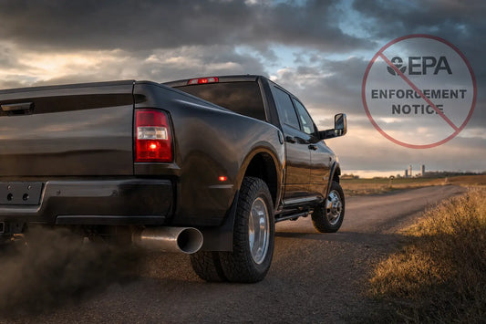 Heavy-duty diesel pickup truck on the road representing DPF delete legal risks and negatives in 2026