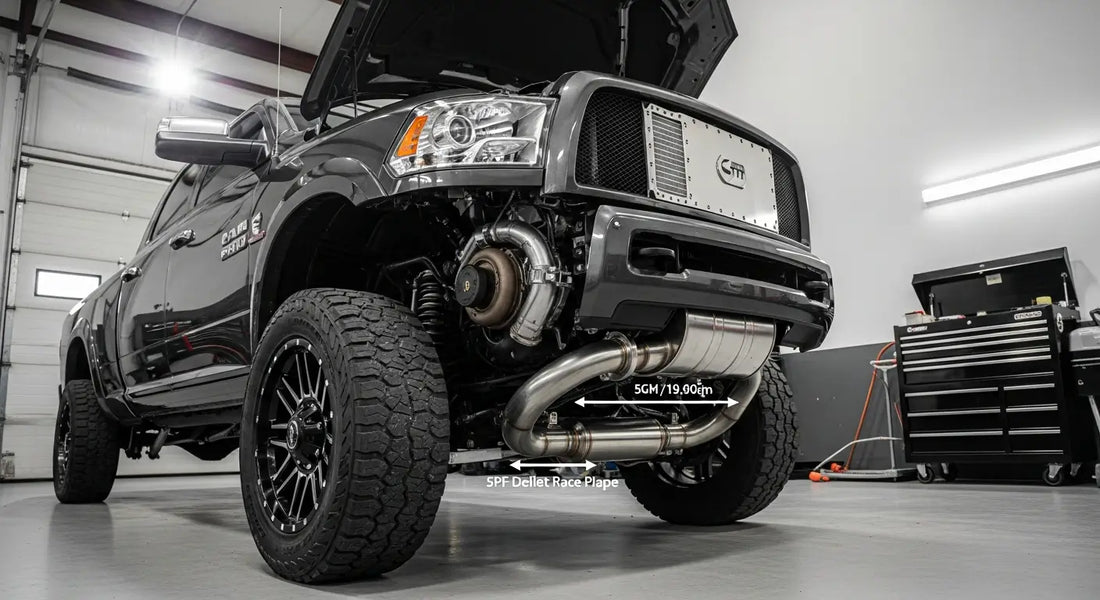 2018 Ram 2500 6.7L Cummins with EGR delete block-off plates installed and 5-inch DPF delete exhaust pipe visible, full delete bundle components shown in professional diesel workshop setting