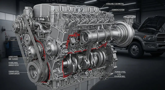 Cummins 6.7 diesel engine block displaying inline-six cylinder design and robust internal construction components.