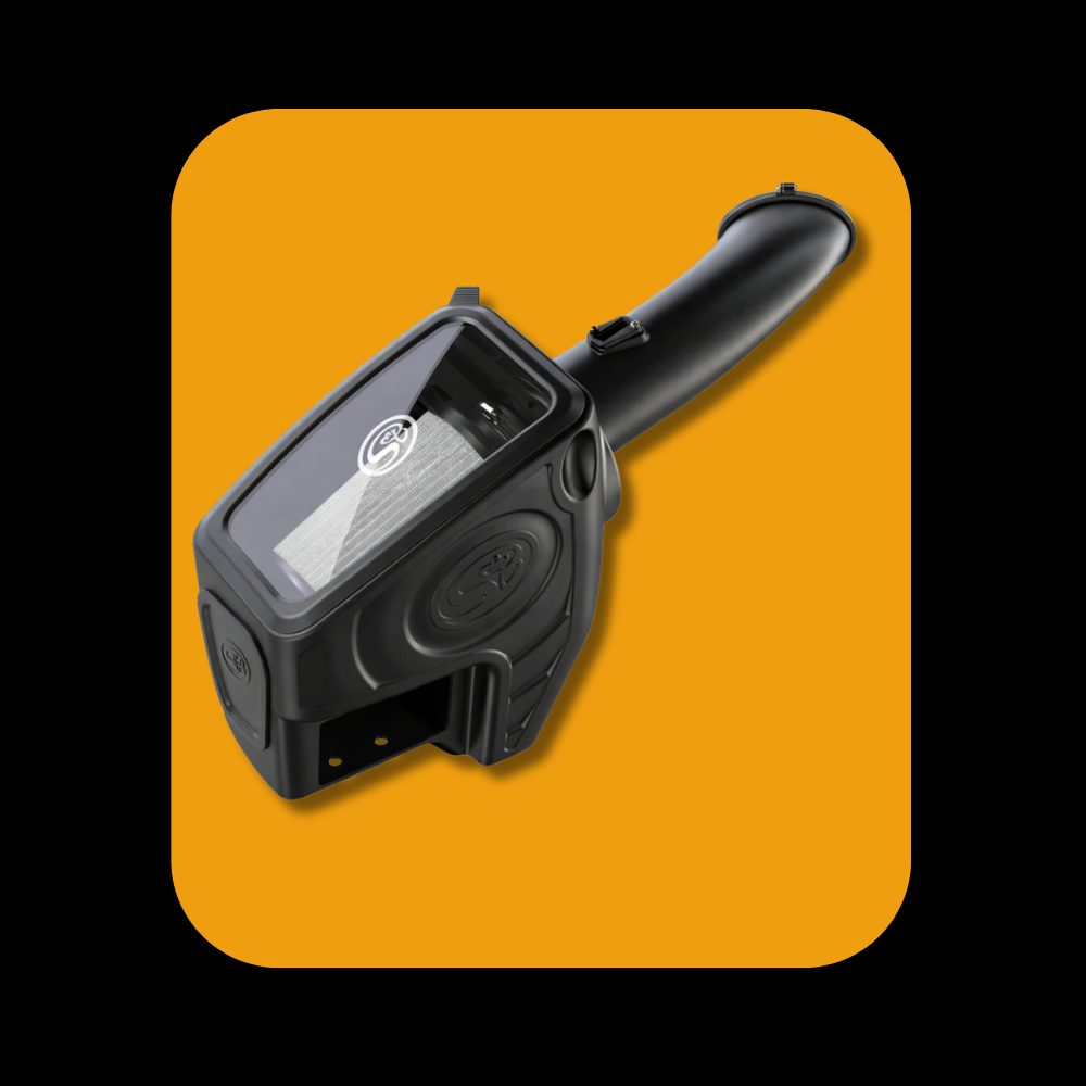 S&B Cold Air Intake system installed on Ford 6.7L Powerstroke diesel engine, 2011-2016 model years.