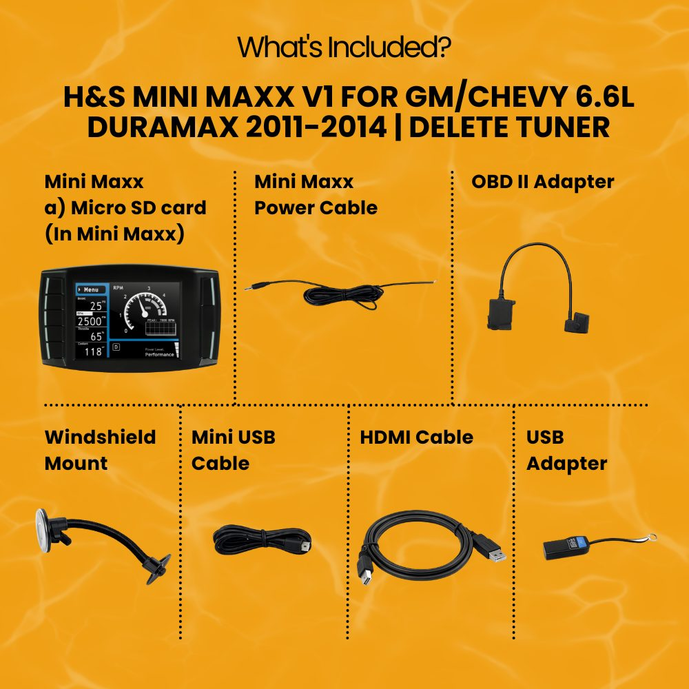 H&S Mini Maxx V1 delete tuner device for GM Chevy 6.6L Duramax diesel engines 2011-2014.